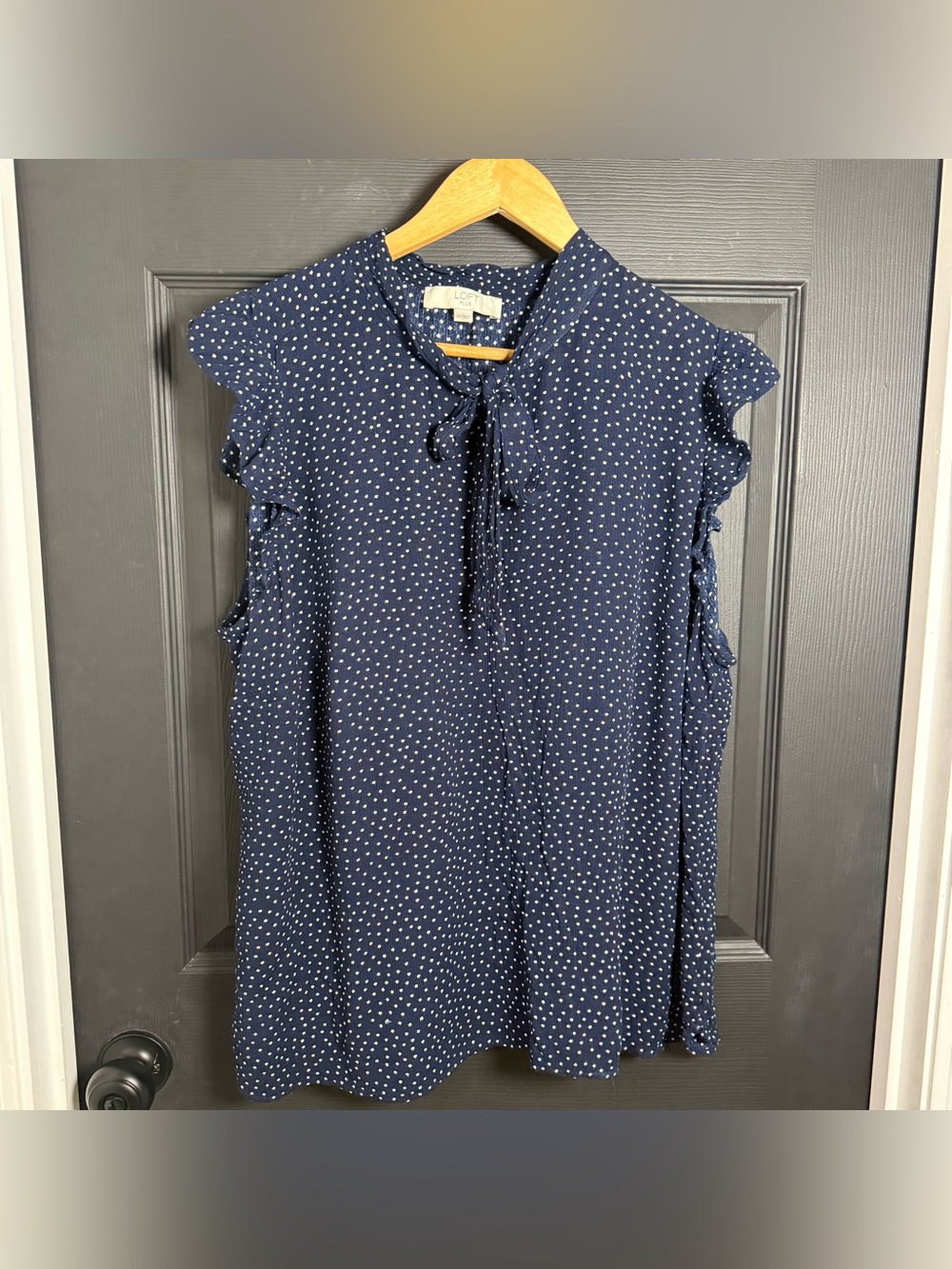 LOFT Plus Navy Polka Dot Sleeveless Tie-Neck Tank